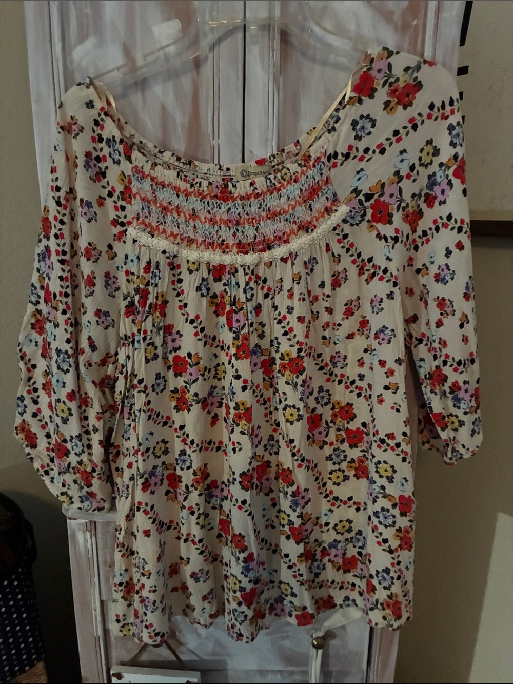 Democracy Cream Peasant Blouse with Multicolor Floral Print